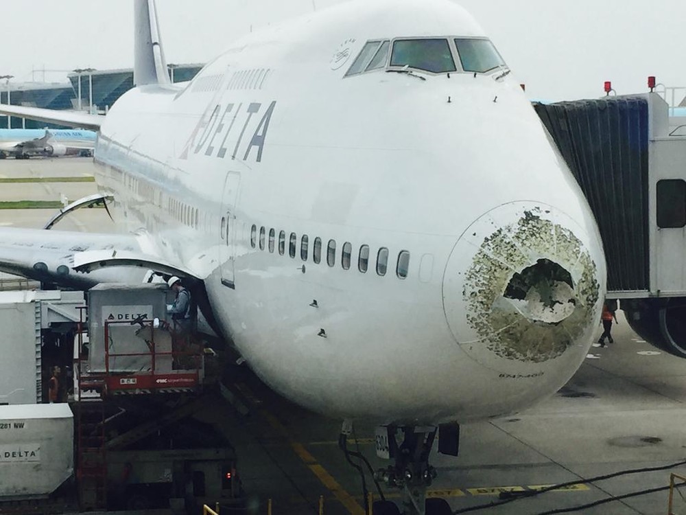 Chiếc máy bay Mỹ bị vỡ mũi là chuyên cơ Boeing 747 của hãng hàng không Delta Airlines. Cách đây hai tuần, máy bay trên đã gặp tai nạn hi hữu này khi nó đang di chuyển trên hành trình từ Detroit (Mỹ) tới Seoul (Hàn Quốc).